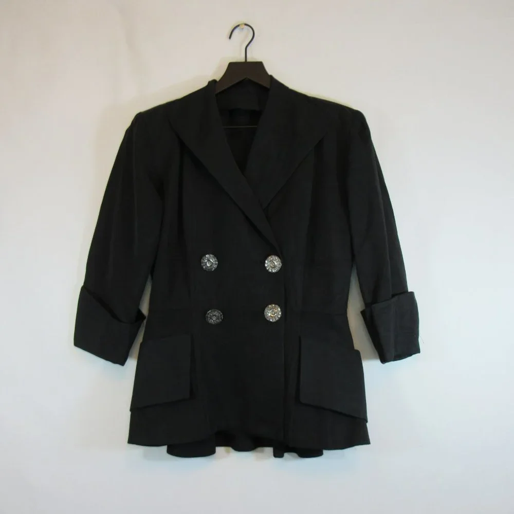 Black Double Breasted Blazer Coat Jacket 3/4 Sleeve Unique - Picture 2 of 7